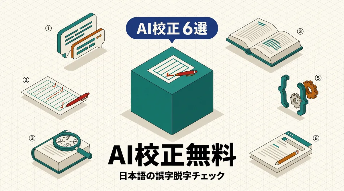 AI校正無料ツール6選を汎用チャットAI・日本語校正専用・OSS/Office内蔵の3系統で分類したアイキャッチ