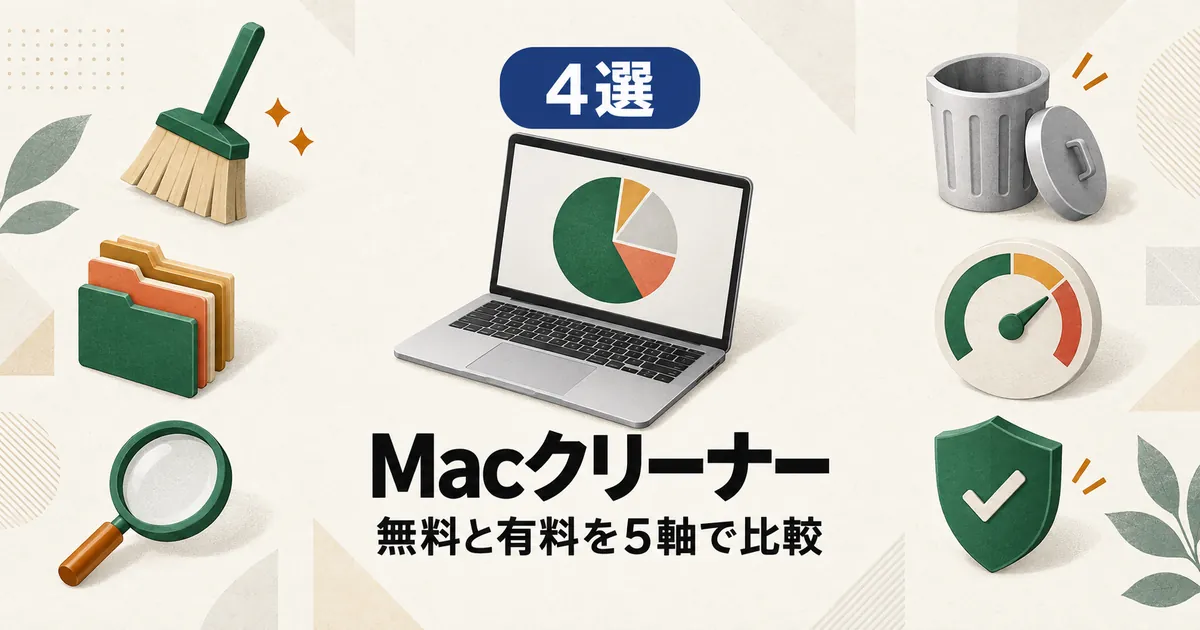 「4選 Macクリーナー 無料と有料を5軸で比較」と書かれたアイキャッチ画像