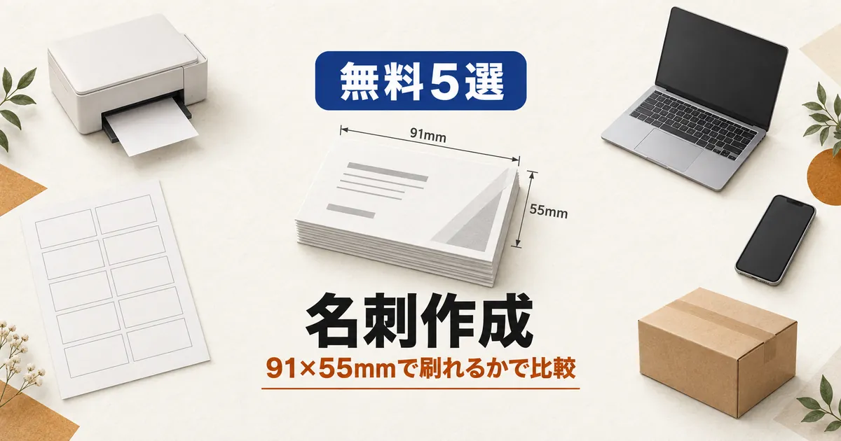 「無料5選 名刺作成 91×55mmで刷れるかで比較」と書かれたアイキャッチ画像