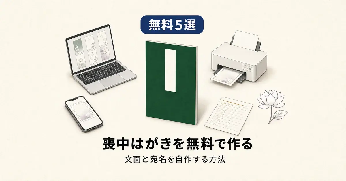 喪中はがきの文面と宛名を無料でそろえる道具を並べた記事のアイキャッチ