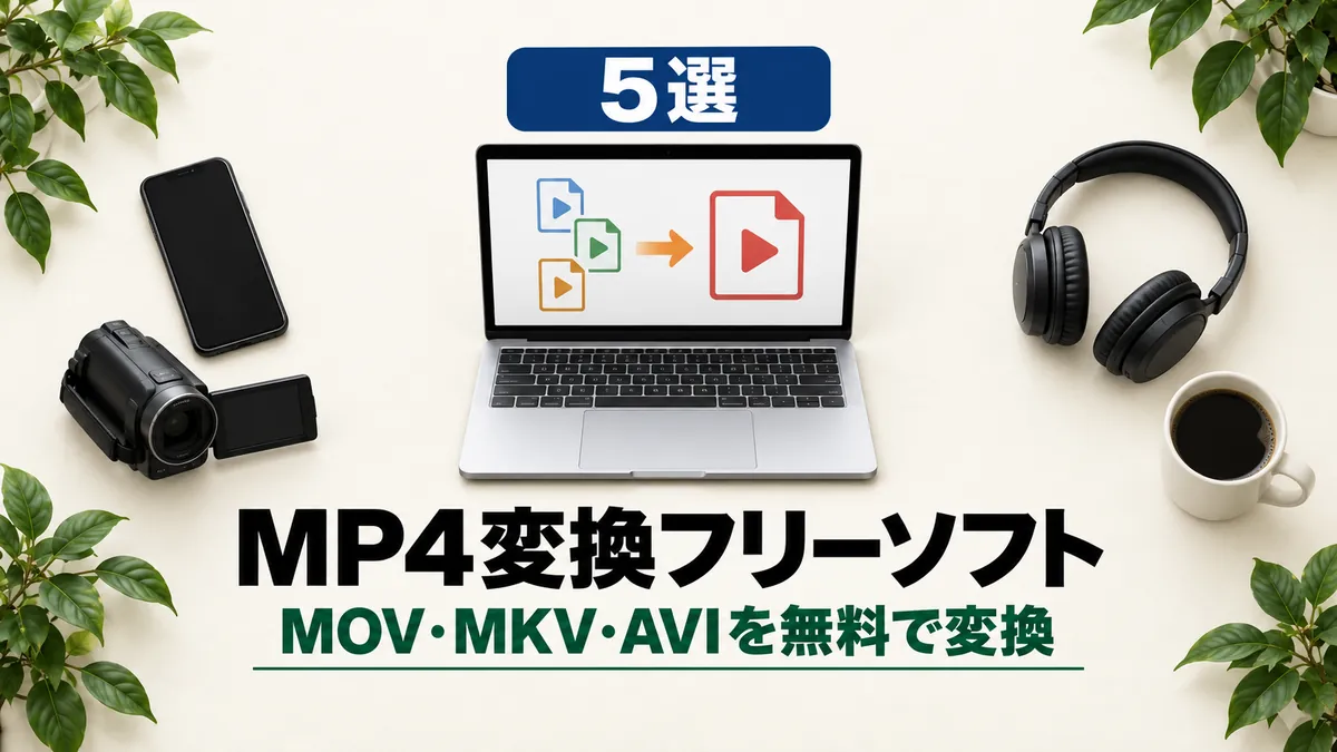 「5選 MP4変換フリーソフト MOV・MKV・AVIを無料で変換」と書かれたアイキャッチ画像