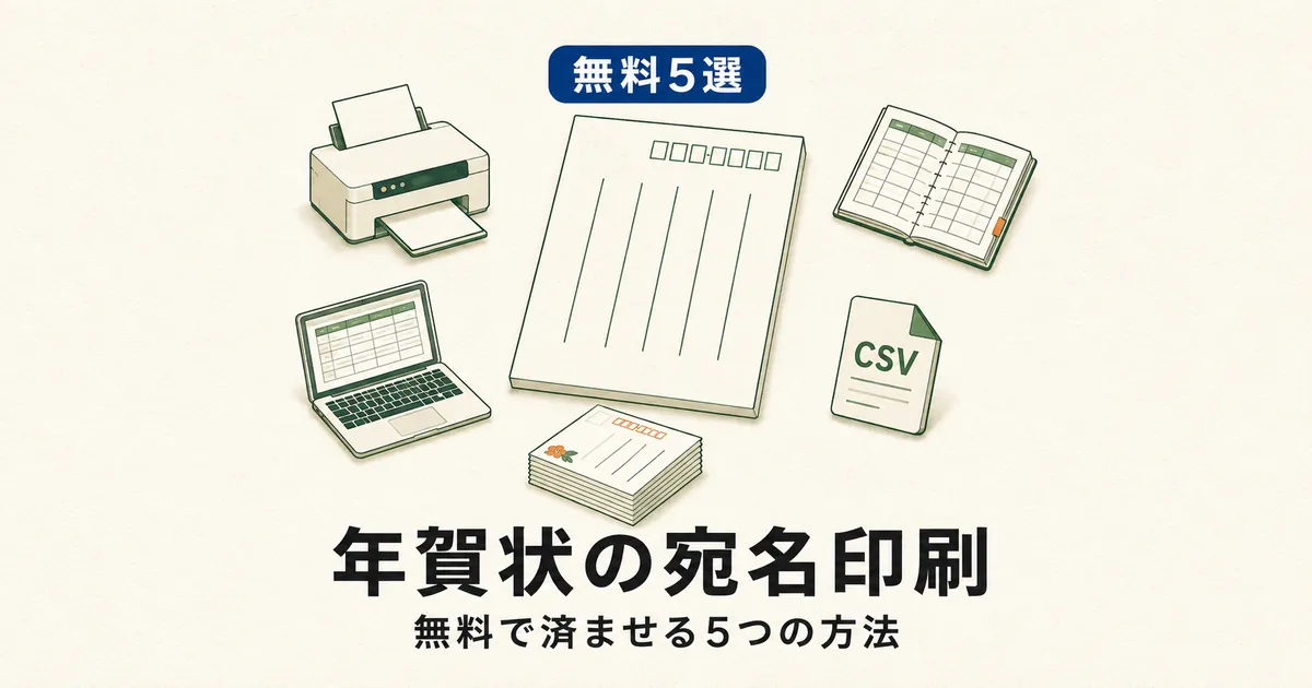 年賀状の宛名印刷を無料で済ませる5つの方法を比較したアイキャッチ