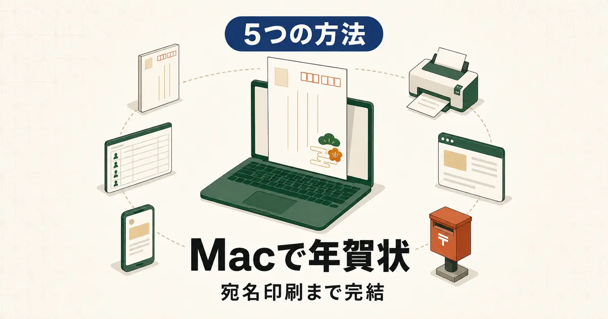 Macで年賀状の宛名印刷まで完結できる5つの方法を比較したアイキャッチ