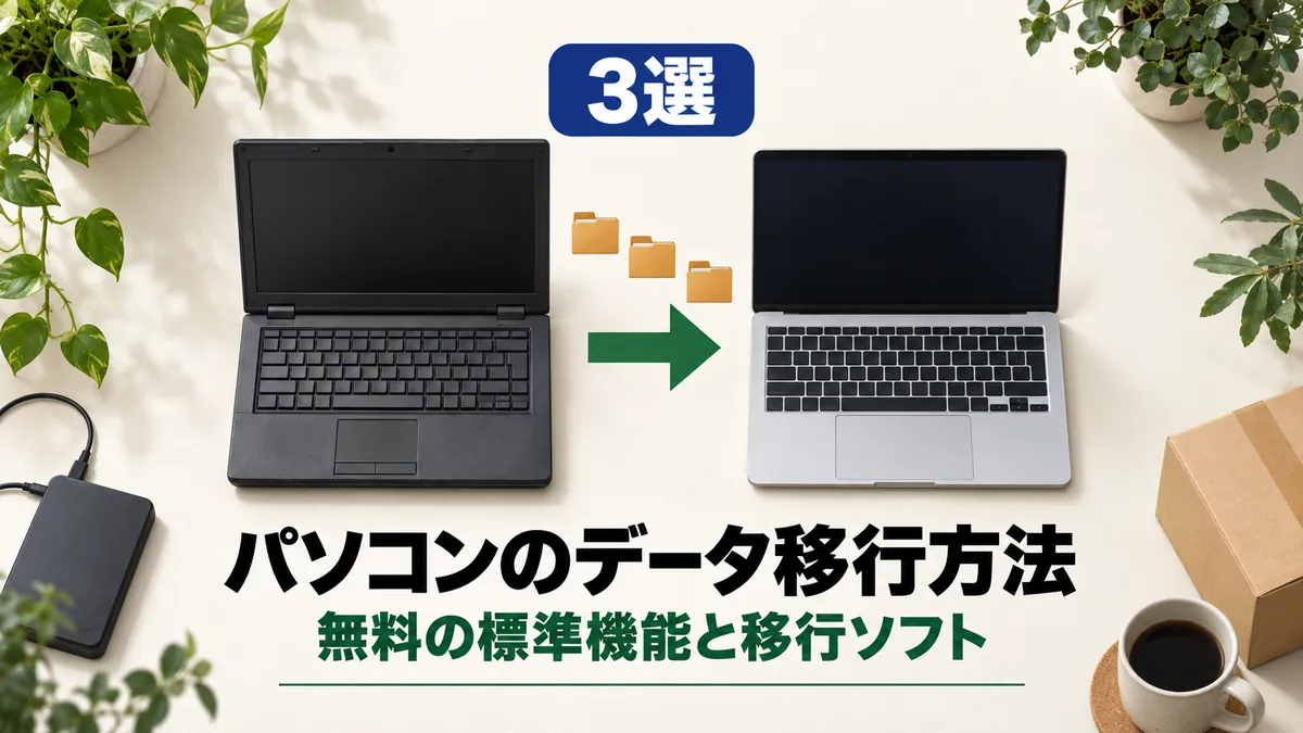「3選 パソコンのデータ移行方法 無料の標準機能と移行ソフト」と書かれたアイキャッチ画像