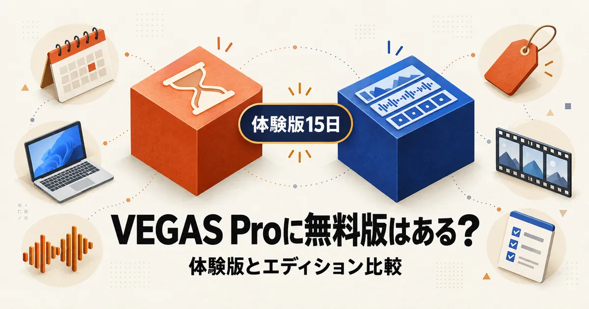 「VEGAS Proに無料版はある？体験版15日とエディション比較」と書かれたアイキャッチ画像