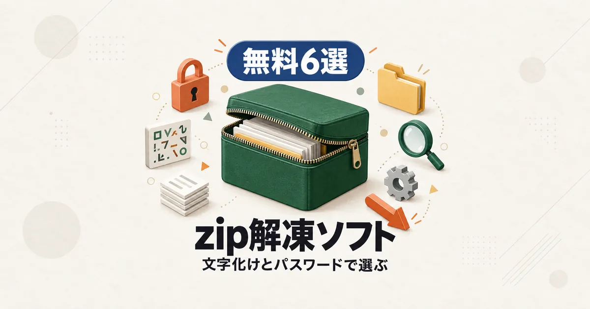「無料6選 zip解凍ソフト 文字化けとパスワードで選ぶ」と書かれたアイキャッチ画像